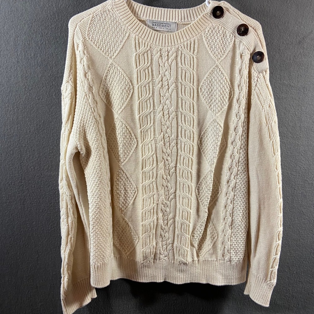 women Organic Cotton sweater medium cream Cable Knit chunky fisherman coastal
